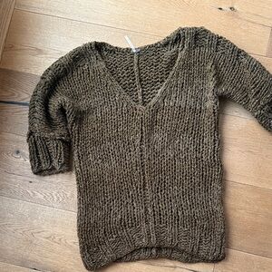 Free People Chunky Knit V-Neck Sweater - Olive green